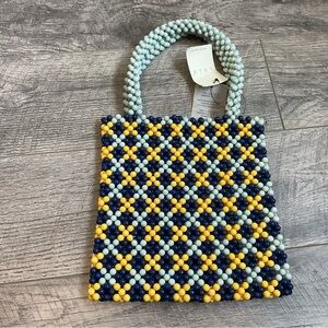 LULU NYC Handcrafted Beaded Gingham Blue Multi‎ Tote